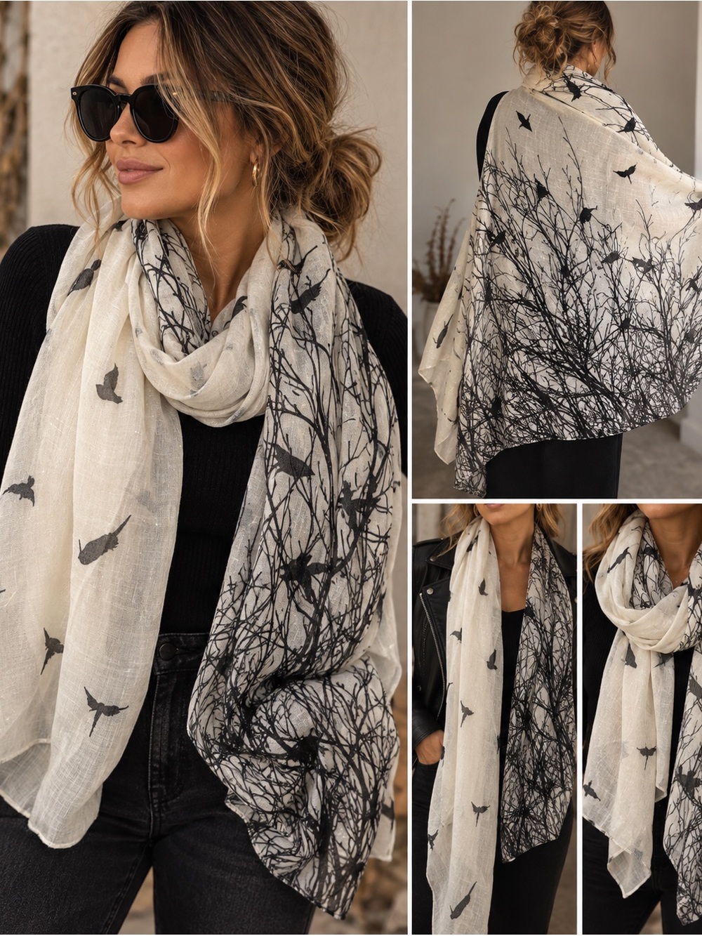 Gothic Crow Raven Tree Branch Scarf Ivory Black Glitter Witchy Halloween